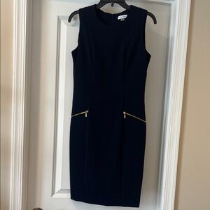 Calvin Klein Navy Midi Sheath Dress with Gold Zippers